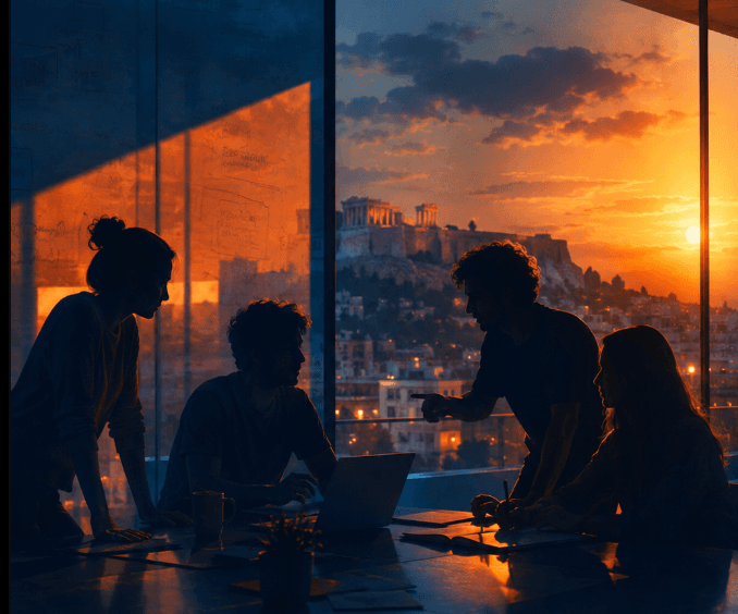 A team collaborating at dusk over the Athens skyline.